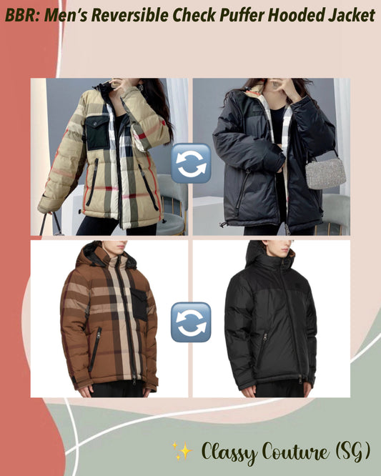 BBR Men’s / Unisex Reversible Check Nylon Puffer Hooded Jacket (Down feather-filled)