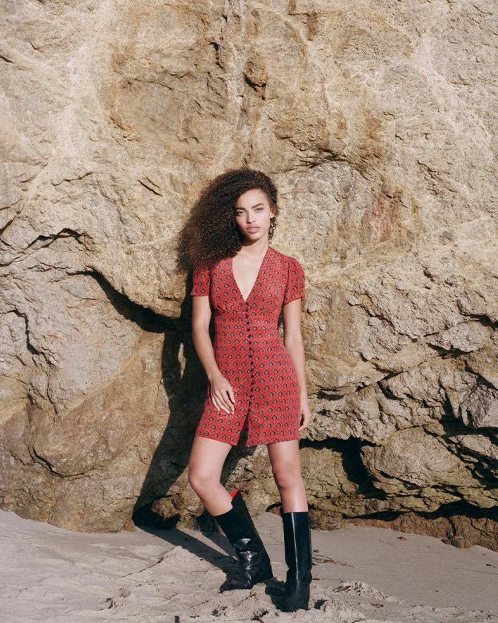 RP Cecile Silk V-neck Mini Dress in Lucky Fortune Red