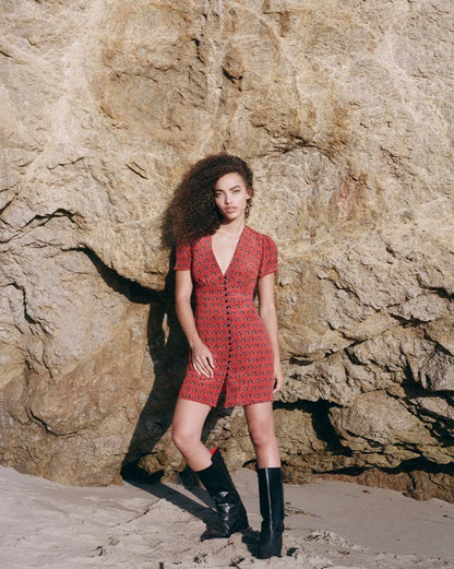 RP Cecile Silk V-neck Mini Dress in Lucky Fortune Red