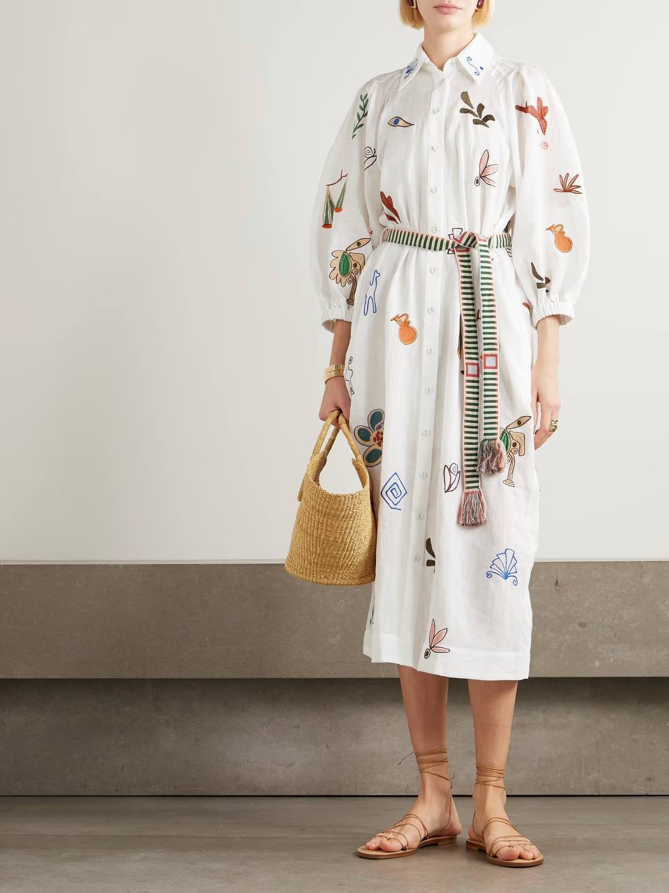 ALM Mina Embroidered Ramie Shirtdress Midi Dress