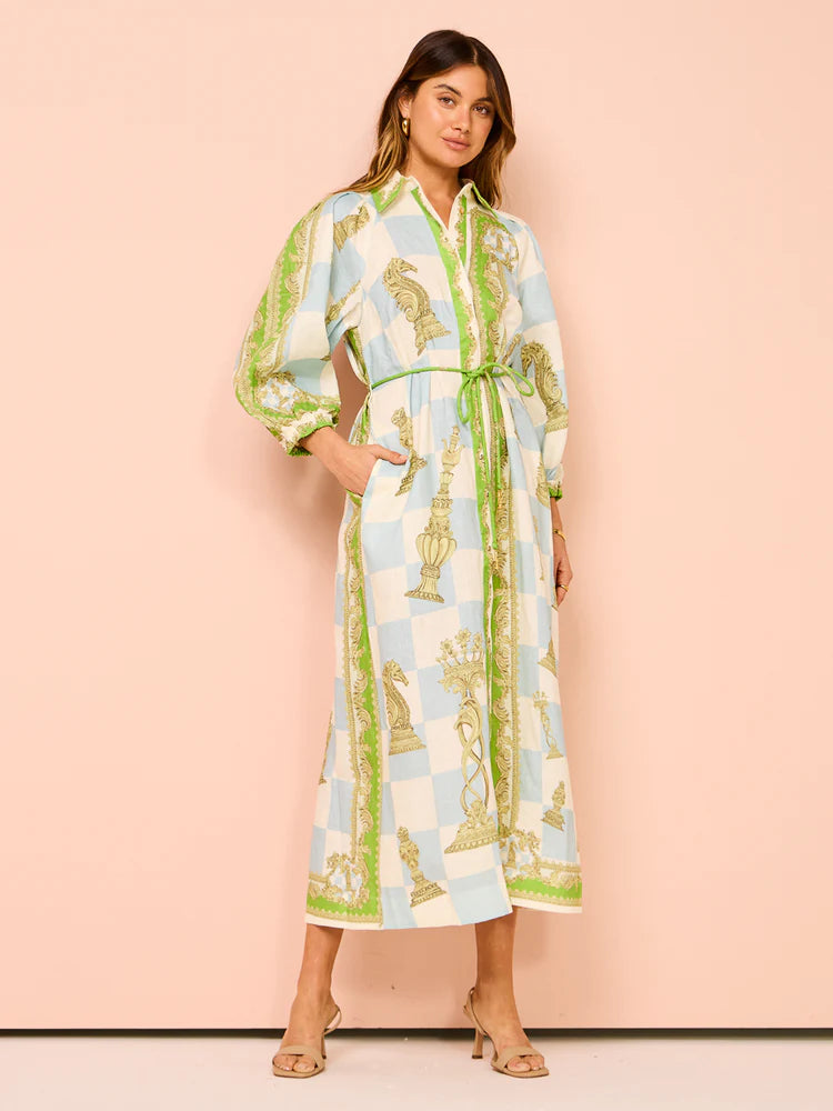 ALM Checkmate Linen Shirtdress Midi Dress