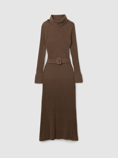 RS Vinette Ribbed Funnel Neck Belted Midi Dress