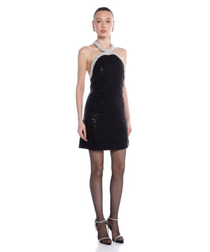 SP Black Metallic Pearl Trim Halter Boucle Mini Dress