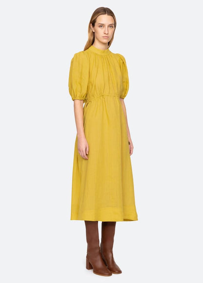 SE Anise S/S Short-Sleeved Ramie Puff Midi Dress (with detachable cotton slip)