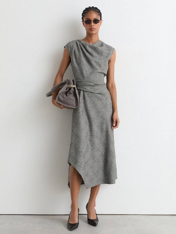 RS Grey Clara Wool-Blend Check Tailored Midi Dress