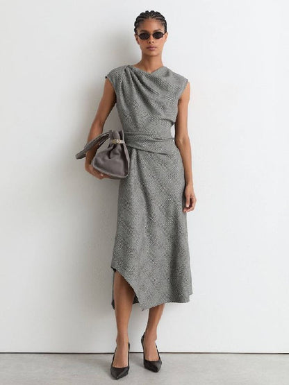 RS Grey Clara Wool-Blend Check Tailored Midi Dress