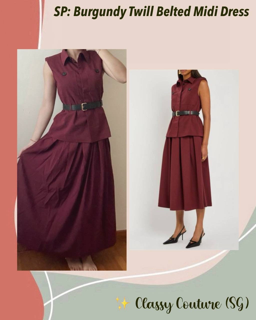 SP Burgundy Twill Belted Midi Dress (Top & Skirt Set)