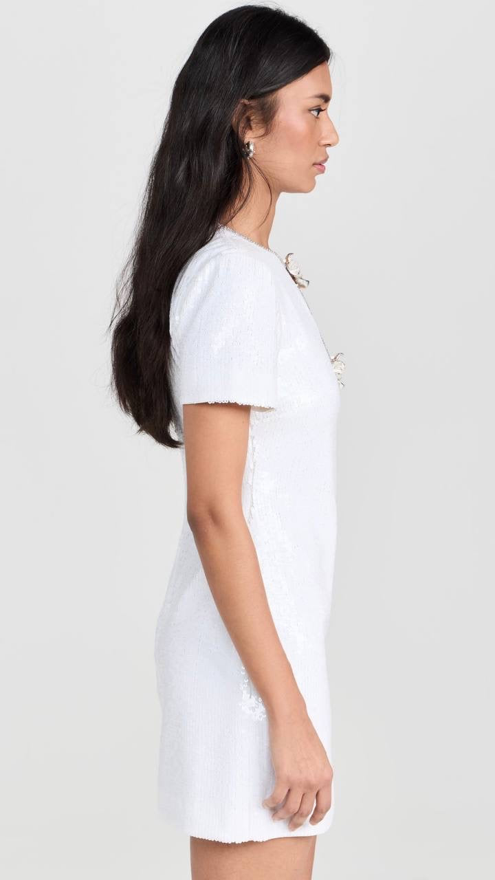 SALE! SP Jisoo White Sequin Embellished Floral Broach Keyhole Mini Dress