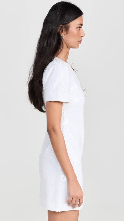 SALE! SP Jisoo White Sequin Embellished Floral Broach Keyhole Mini Dress