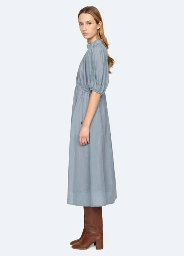 SE Anise S/S Short-Sleeved Ramie Puff Midi Dress (with detachable cotton slip)
