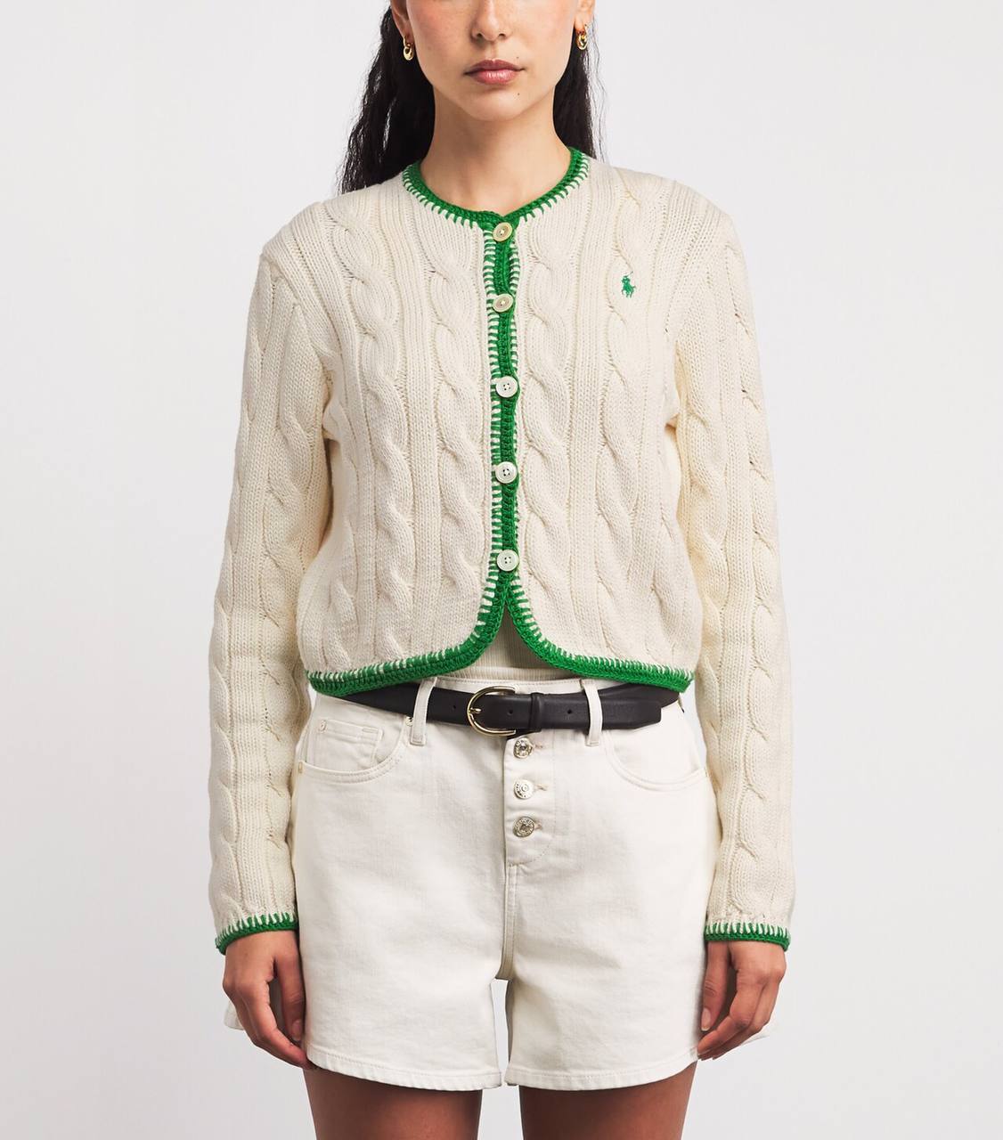 3 Colors! RL Whipstitch Trim Cable Stitch Cotton Cropped Cardigan