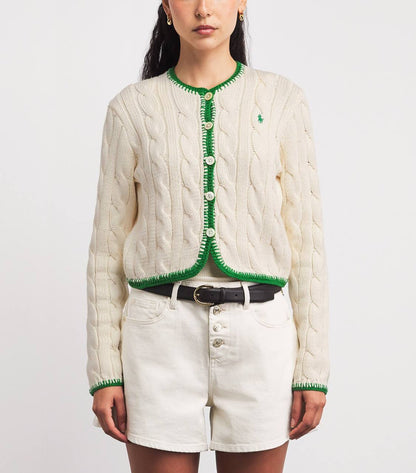 3 Colors! RL Whipstitch Trim Cable Stitch Cotton Cropped Cardigan