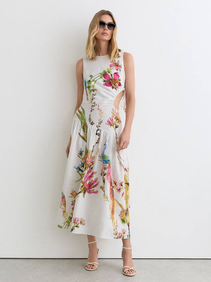 Petite/Regular! RS Bianca Linen Floral-Print Cut-Out Midi Dress