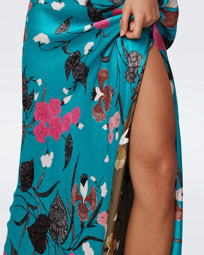 DVF Balbino Reversible Viscose Slip Maxi Dress in Festival Floral Teal and Olive