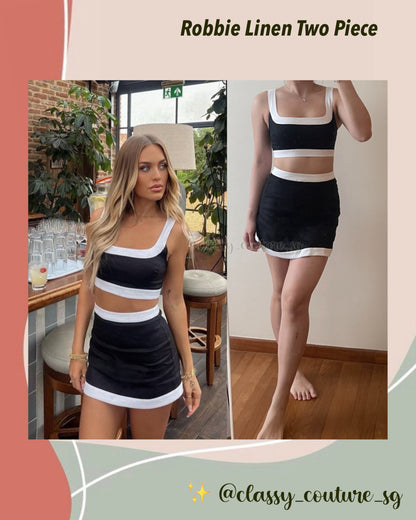 Robbie Linen Two Piece in Black/White | Crop Top Mini Skirt Set