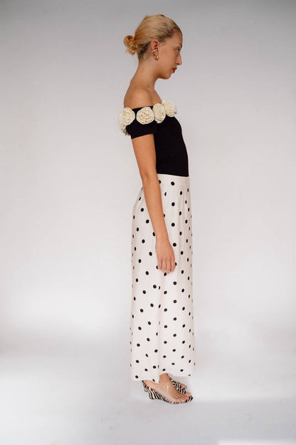 ML Gabrielle Off-Shoulder Top | Gabby 3D Rose Appliqué Maxi Dress