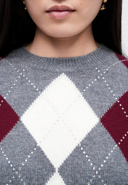 MJ Argyle Cropped Rhinestone Embellished Wool Jumper