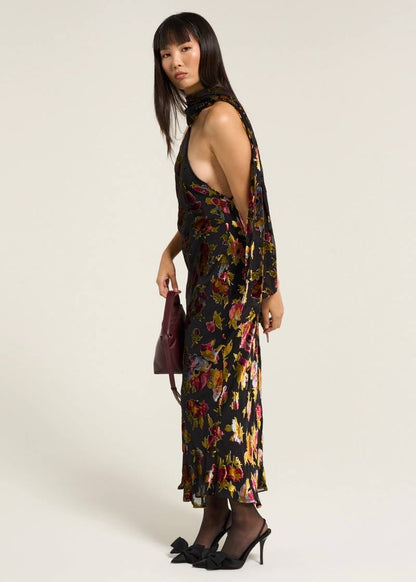 RX Harlan Velvet Devoré | Hayley Viscose-Silk Halter Midi Dress