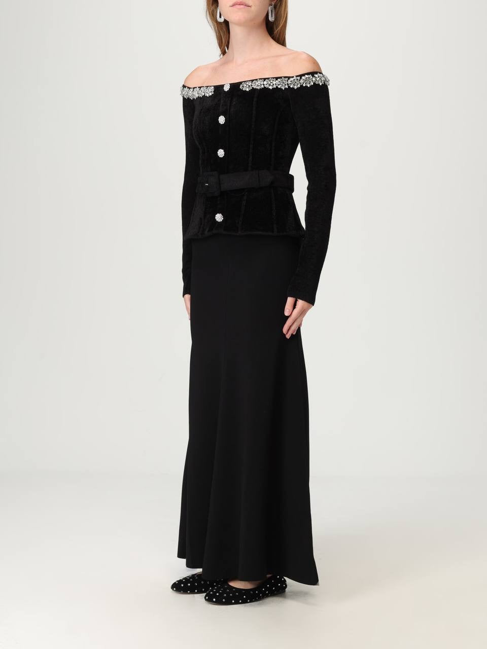 SP Black Chenille Knit Crystal-Trim Off Shoulder Peplum Midi Maxi Dress
