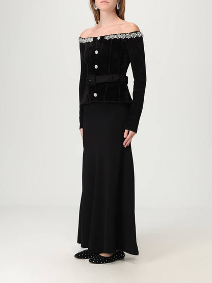 SP Black Chenille Knit Crystal-Trim Off Shoulder Peplum Midi Maxi Dress