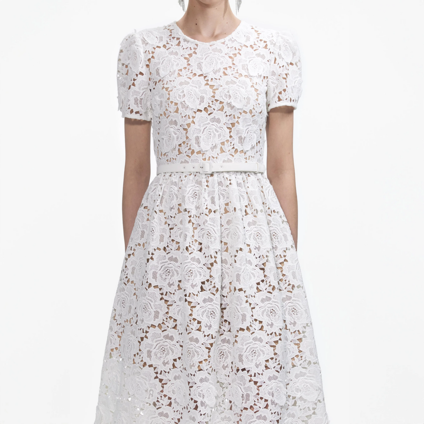 SP White Floral Belted Midi Dress