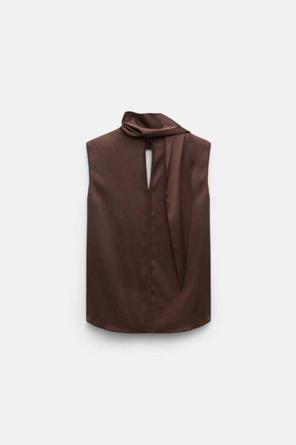 DS SENSE OF SHINE Sleeveless Silk Blouse Scarf Top