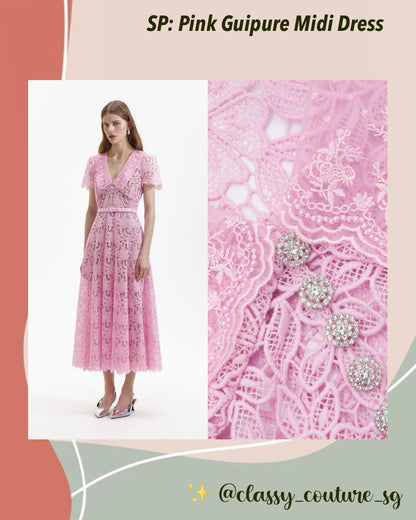 SP Pink Guipure Midi Dress Collar Lace