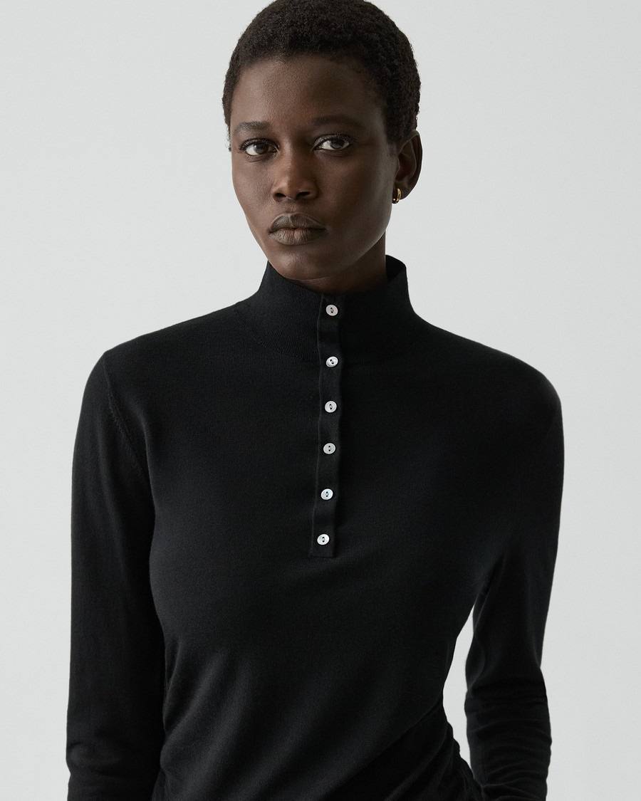 TH Shirred Henley Regal Wool Sweater Quarter Button Long Sleeve Top