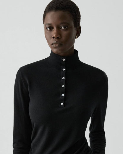 TH Shirred Henley Regal Wool Sweater Quarter Button Long Sleeve Top