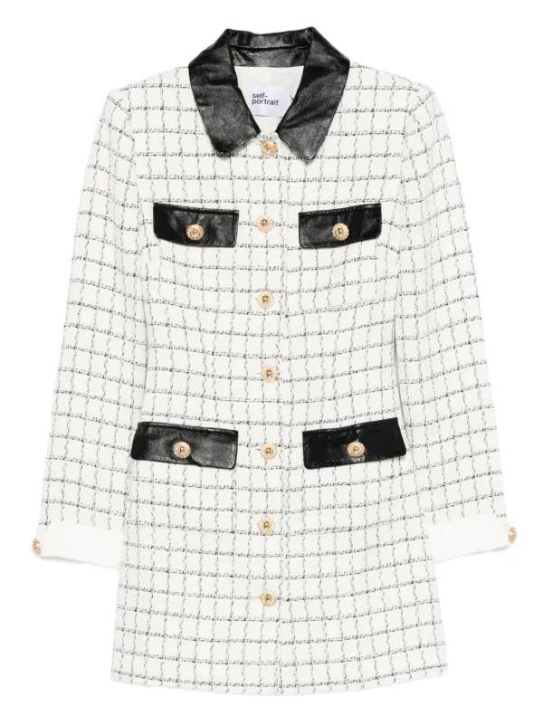 SP Check Boucle Leather Trim Long Sleeve Mini Dress