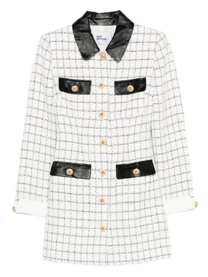 SP Check Boucle Leather Trim Long Sleeve Mini Dress