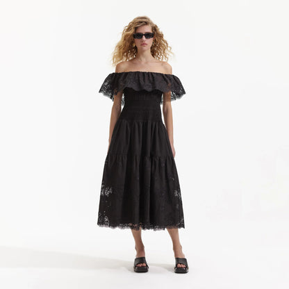 SP Black Cotton Off Shoulder Lace Midi Dress