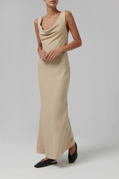 SA Double Drape Cowl Linen-Blend Maxi Dress