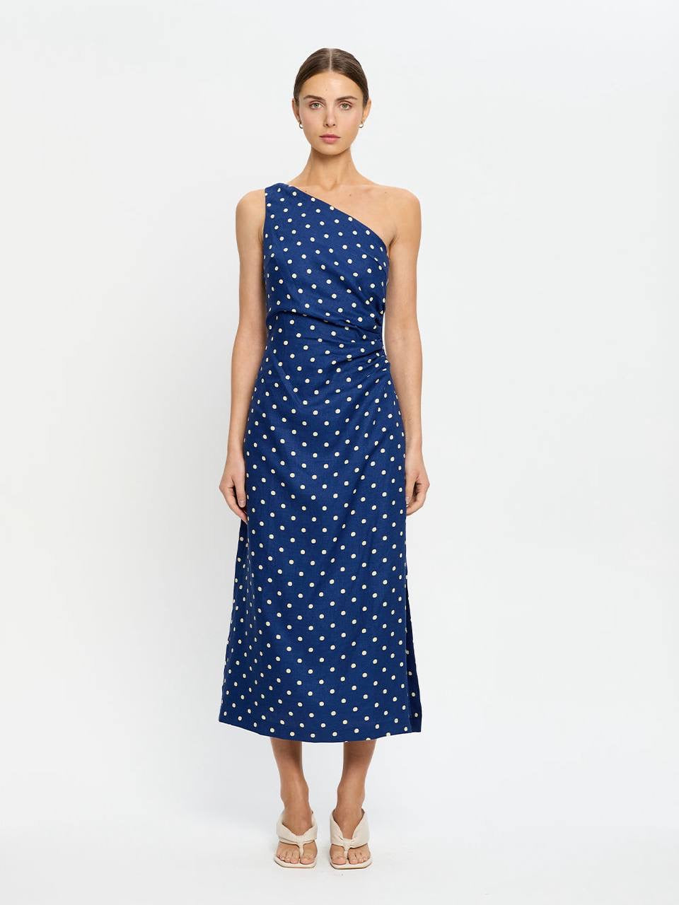 KV Lily One-Shoulder Toga Midi Dress | Strapless Bubble Cotton-Linen Polka Dot Maxi Dress
