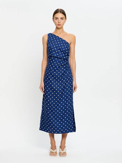 KV Lily One-Shoulder Toga Midi Dress | Strapless Bubble Cotton-Linen Polka Dot Maxi Dress