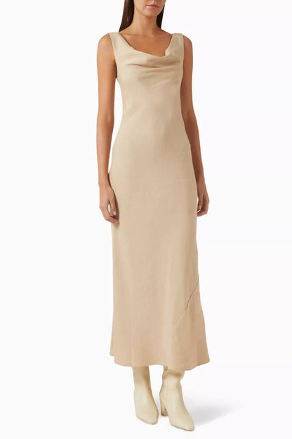 SA Double Drape Cowl Linen-Blend Maxi Dress