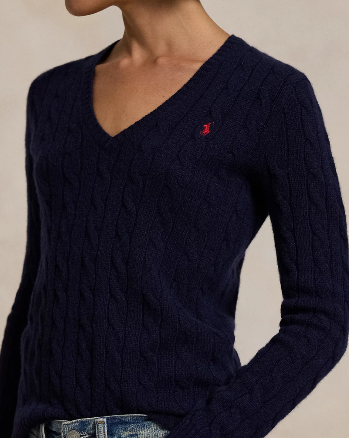 RL Cable Knit Wool Cashmere V Neck Jumper