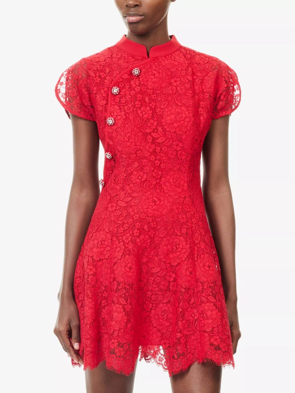 SP Red Lace Cap-Sleeve Cotton-Blend Cheongsam Qipao Mini Dress