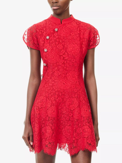 SP Red Lace Cap-Sleeve Cotton-Blend Cheongsam Qipao Mini Dress
