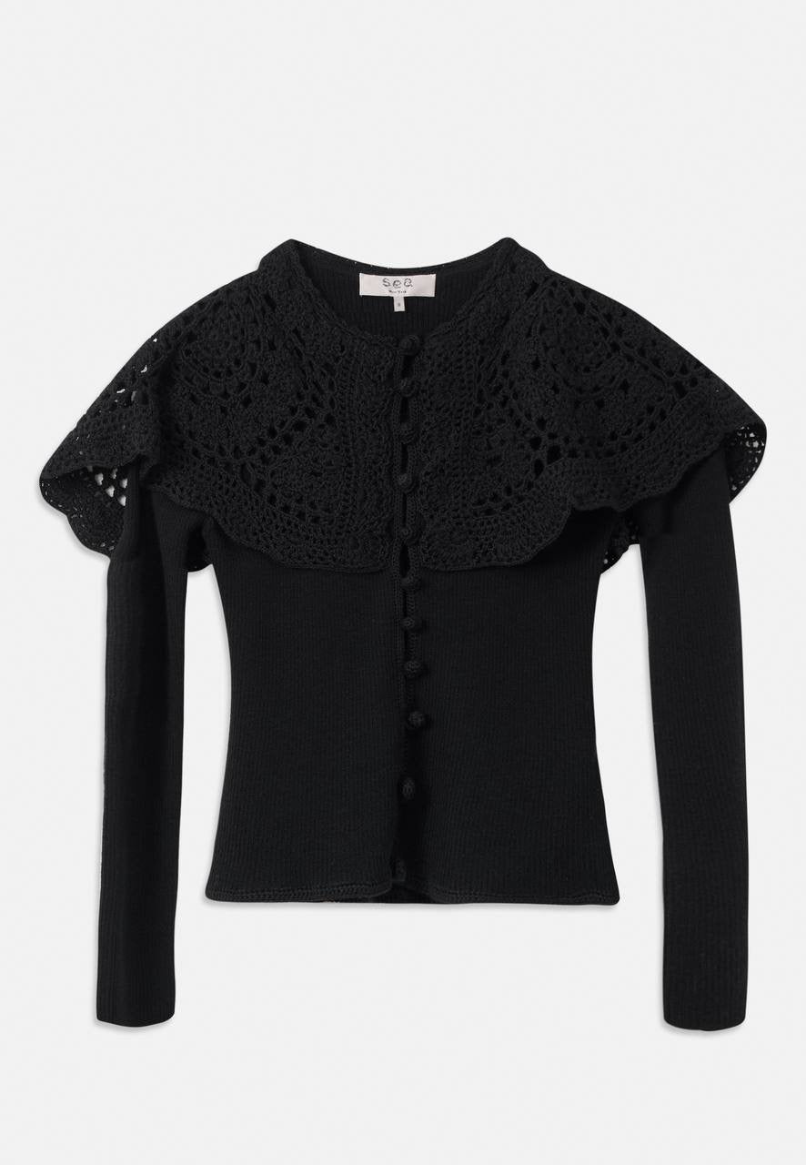 SE Black Nara Crochet Long Sleeve Cardigan Top With Capelet