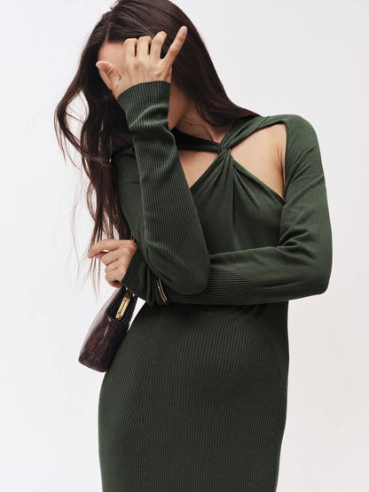 RS Cut-Out Knitted Maxi Dress in Dark Green