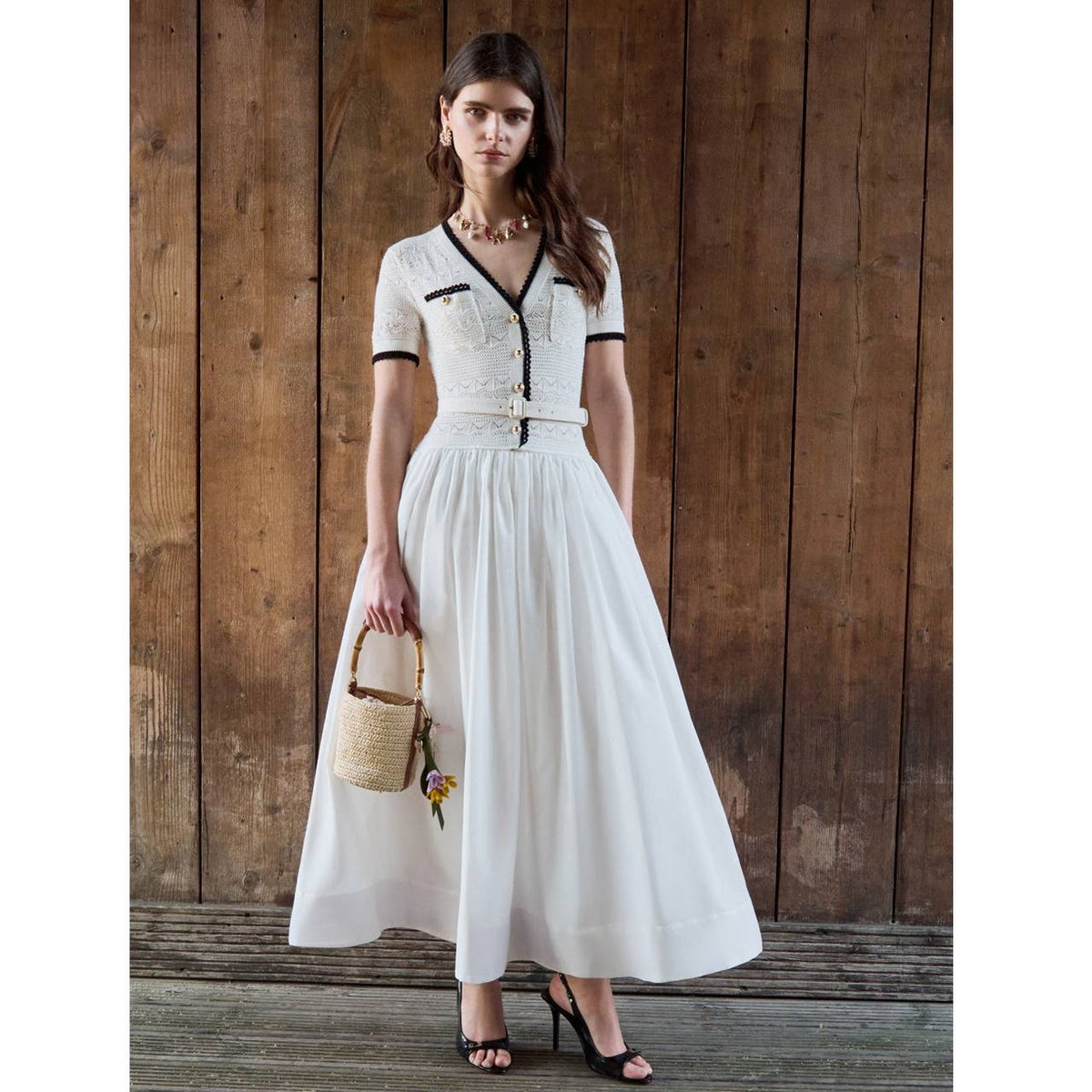 White Cotton-blend Pointelle Knit Drop-waist Midi Dress