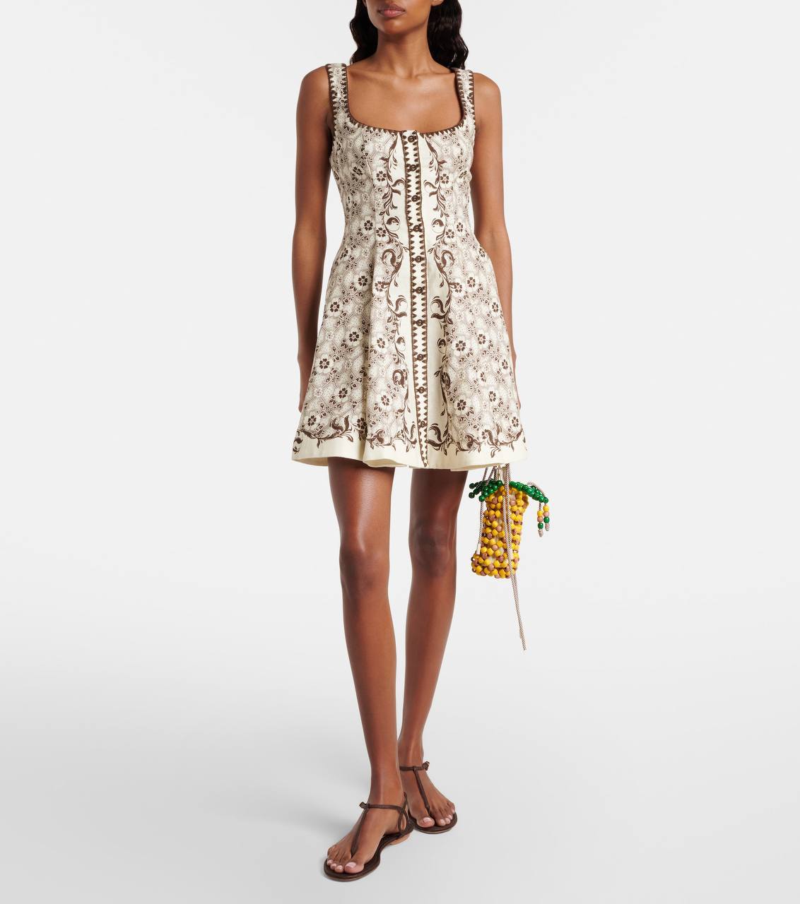 ALM Printed Linen-Cotton Mini Dress in Cream/Brown