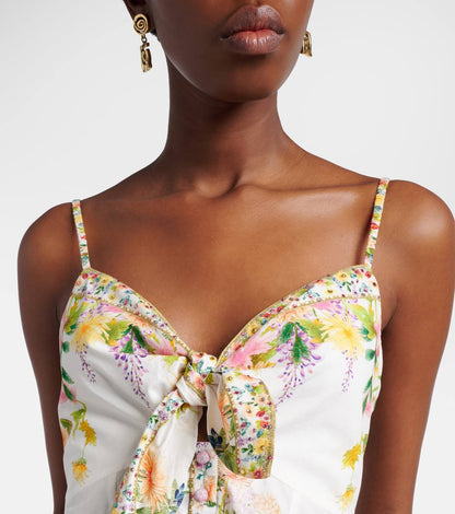 CM Tie Front Bow-Detail Floral Cotton Mini Dress With Hem Ruffle