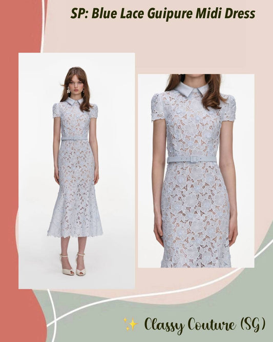 SP Blue Lace Guipure Collar Belted Midi Dress