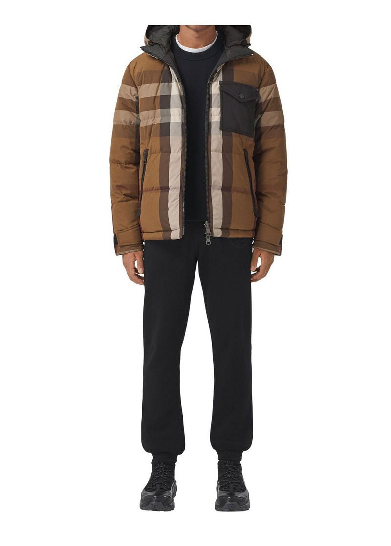 BBR Men’s / Unisex Reversible Check Nylon Puffer Hooded Jacket (Down feather-filled)