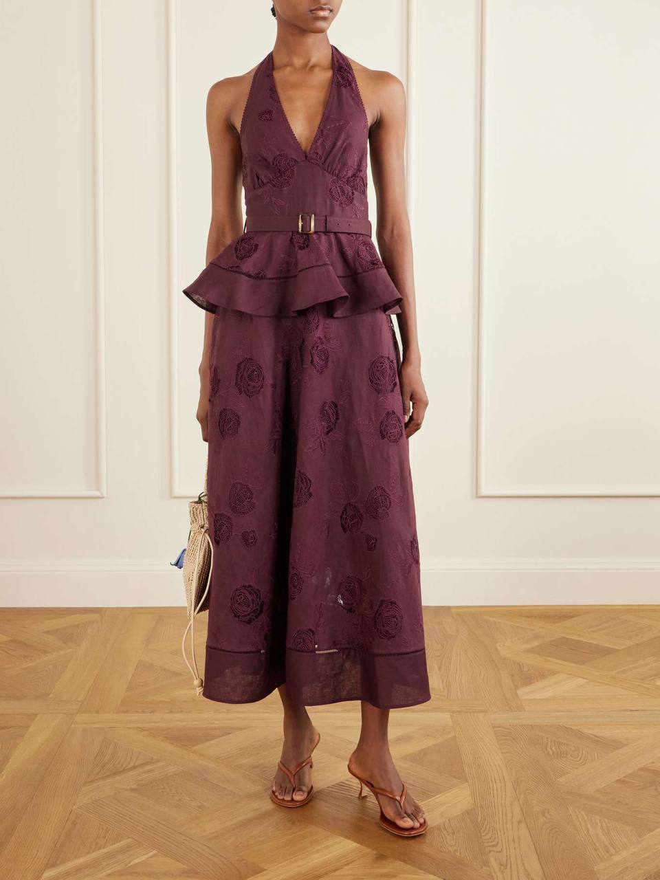 SP Plum Linen-cotton Halter Peplum Midi Dress