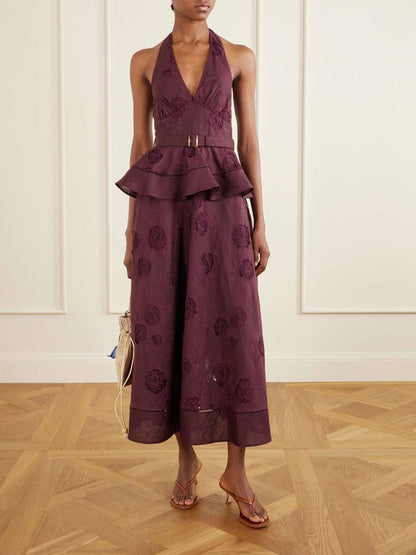 SP Plum Linen-cotton Halter Peplum Midi Dress
