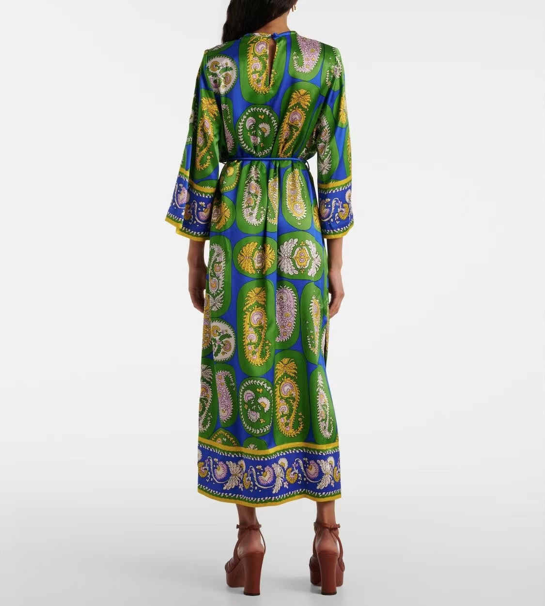 ALM Gina Green Paisley Print Silk Midi Dress