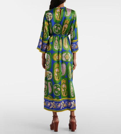 ALM Gina Green Paisley Print Silk Midi Dress
